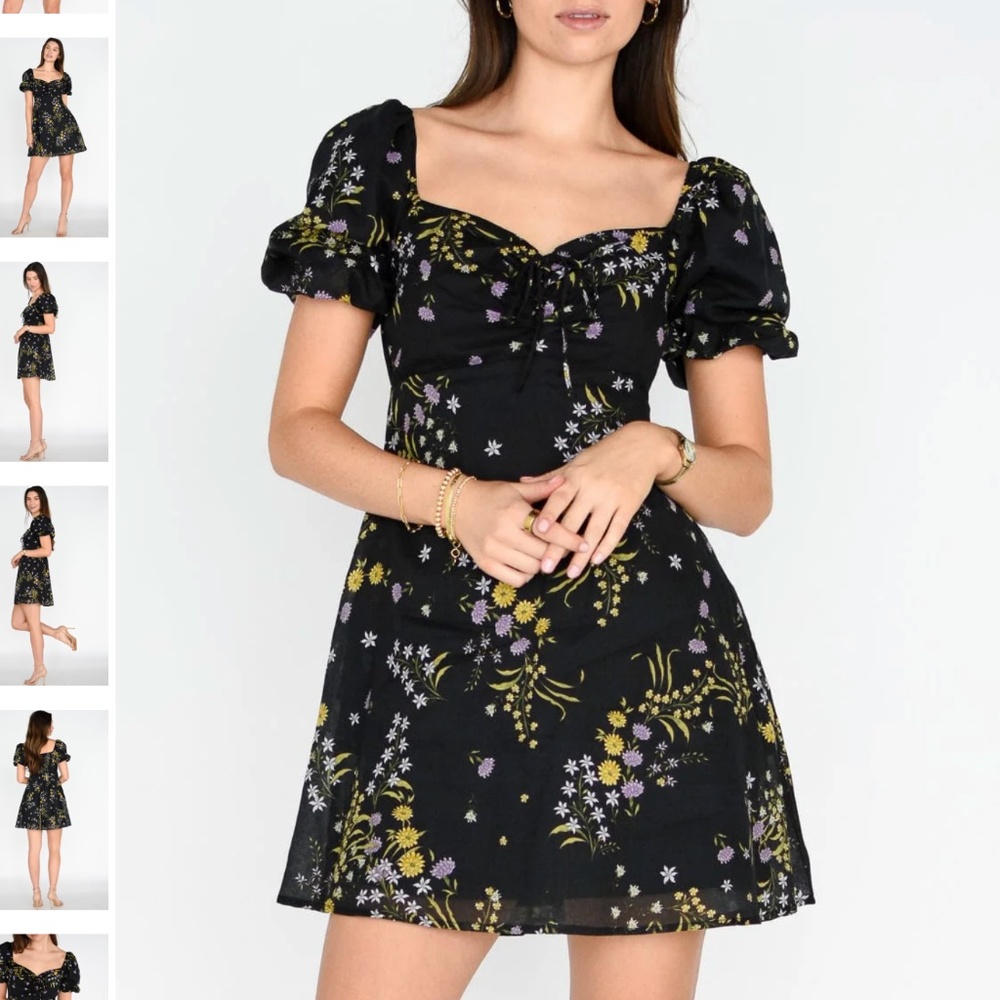 Steve Madden Black Floral Mini Dress – Puff Sleeve Sweetheart - Picture 2 of 7